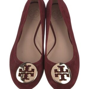 Tory Burch Wine Suede Flats with Gold Emblem